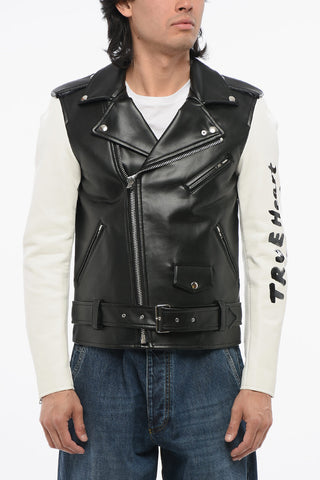 BLACK Giubbotto Biker in Eco-Pelle Bicolore con Stampe