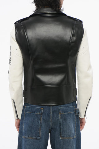 BLACK Giubbotto Biker in Eco-Pelle Bicolore con Stampe