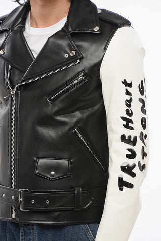 BLACK Giubbotto Biker in Eco-Pelle Bicolore con Stampe