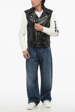 BLACK Giubbotto Biker in Eco-Pelle Bicolore con Stampe