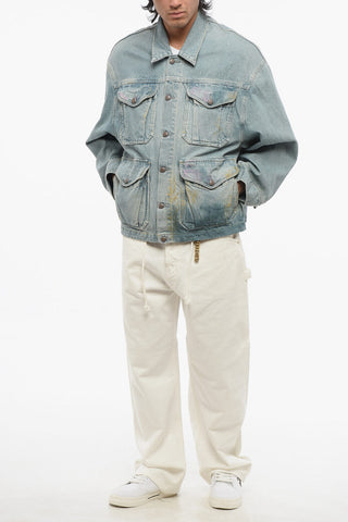 Giubbotto in Denim Lavaggio Chiaro con Dettagli Paint