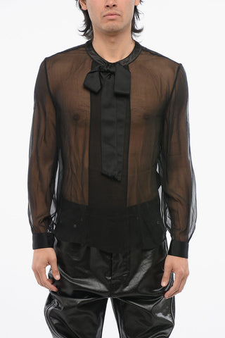See Through Silk Blouse with Satin Tie Neck Detail