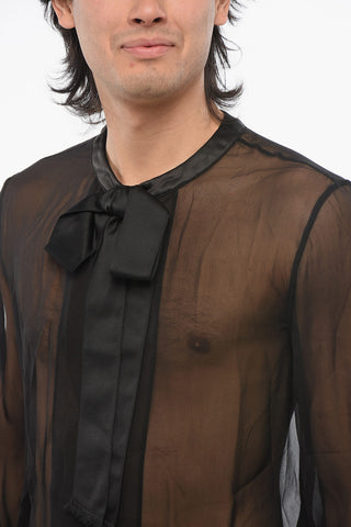 See Through Silk Blouse with Satin Tie Neck Detail