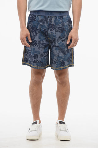 Plant Motif Lightweight Cotton Shorts with Logoed Elastic Band