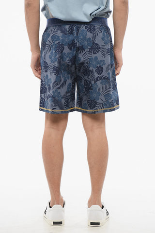 Plant Motif Lightweight Cotton Shorts with Logoed Elastic Band