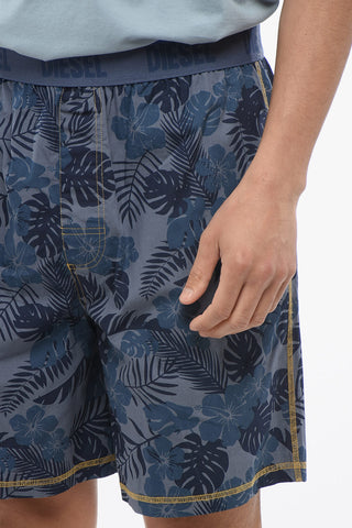 Plant Motif Lightweight Cotton Shorts with Logoed Elastic Band