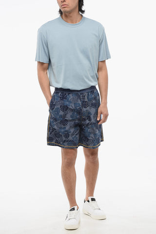 Plant Motif Lightweight Cotton Shorts with Logoed Elastic Band