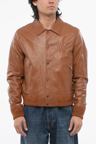 Bomber in Pelle con Logo in Rilievo
