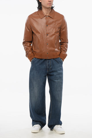 Bomber in Pelle con Logo in Rilievo