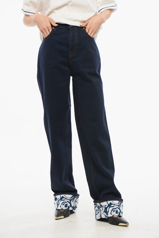 High-waisted Dark Washed Denims with Printed Cuffs 18cm