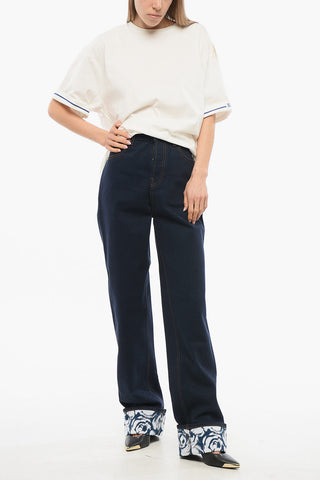 High-waisted Dark Washed Denims with Printed Cuffs 18cm