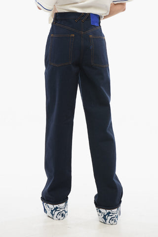High-waisted Dark Washed Denims with Printed Cuffs 18cm