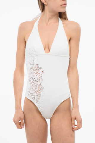 Solid One-Piece Swimsuit with Open Back and Lace Side Detail