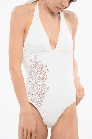 Solid One-Piece Swimsuit with Open Back and Lace Side Detail