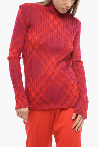 Turtleneck Mohair Blend Sweater with Tartan Motif