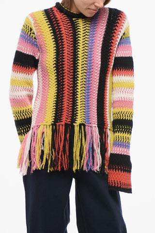 Fringed Bottom Crochet Sweater with Multicolor Motif
