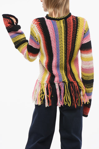 Fringed Bottom Crochet Sweater with Multicolor Motif