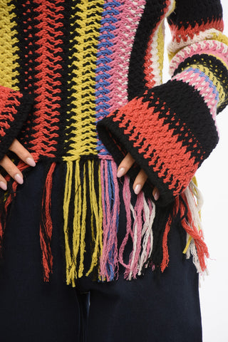 Fringed Bottom Crochet Sweater with Multicolor Motif