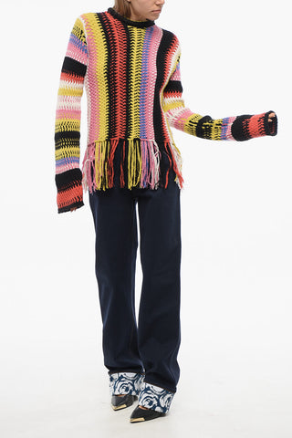 Fringed Bottom Crochet Sweater with Multicolor Motif