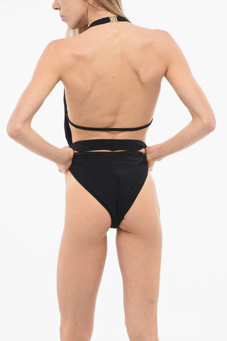 Plunging V-Neck One Piece Swimsuit with Logoed Buckle