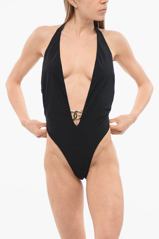 Plunging V-Neck One Piece Swimsuit with Logoed Buckle