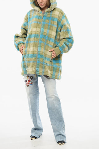 Sherpa Zip-up Hoodie with Tartan Pattern