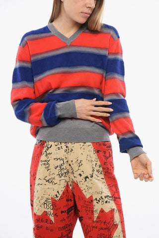 Gestreifter Wollmix-Pullover Balanced mit V-Ausschnitt