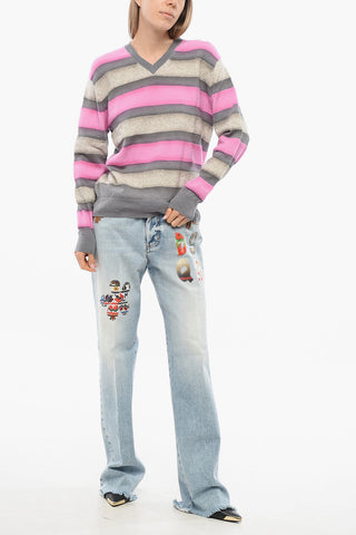 Balanced Stripe Wool Blend Sweater with V Neck