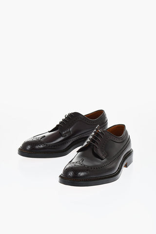 Brushed Leather Derby Shoes With Brogues Details