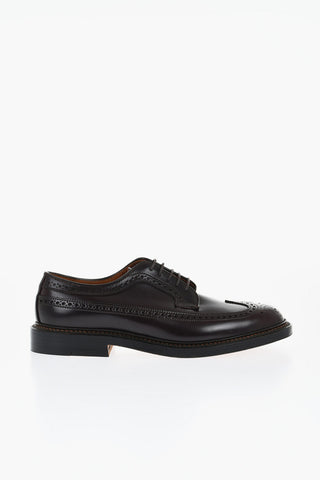 Brushed Leather Derby Shoes With Brogues Details