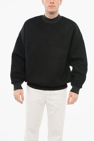 Felpa Girocollo in Panno di Lana con Polsini in Maglia