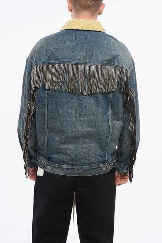 Denim Jacket with Shearling Lining and Crystal Fringes