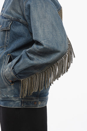 Denim Jacket with Shearling Lining and Crystal Fringes