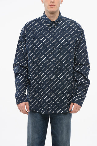 Button-down Printed Cotton Shirt with Monogram Pattern