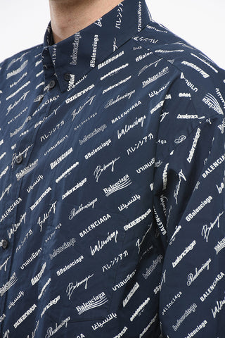 Button-down Printed Cotton Shirt with Monogram Pattern