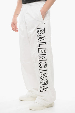 Elastic Waistbanded Wide Leg Pants with Embroidered Logo