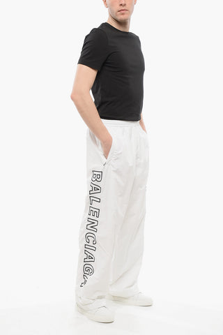 Elastic Waistbanded Wide Leg Pants with Embroidered Logo