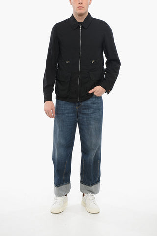 BLACK Multipocketed Overshirt with Front Zip