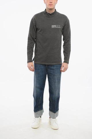 Felpa Mock-Neck in Cotone Garzato con Stampa a Contrasto