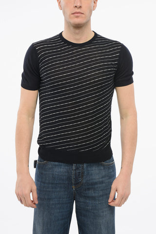 Short Sleeved Striped Silk and Linen Crewneck Sweater