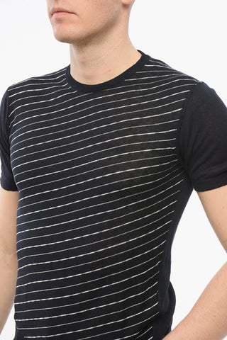 Short Sleeved Striped Silk and Linen Crewneck Sweater