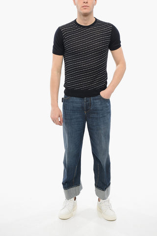 Short Sleeved Striped Silk and Linen Crewneck Sweater