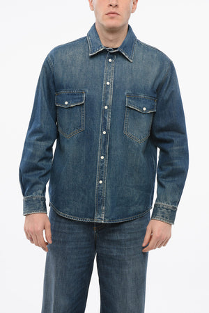 Denim overshirt with double pocket and embossed logo
