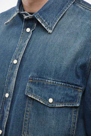 Denim overshirt with double pocket and embossed logo