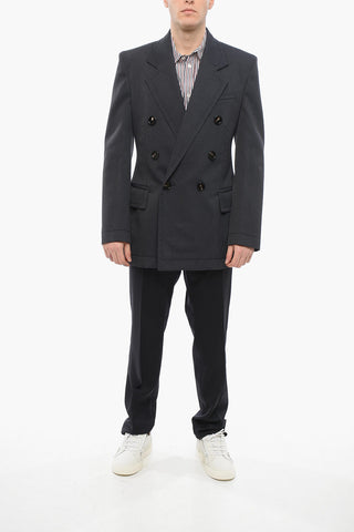 Blazer Doppiopetto in Lana Twill con Cuciture a Vista