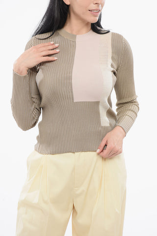 Crew Neck Silk Sweater with Color Block Motif