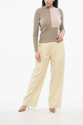 Crew Neck Silk Sweater with Color Block Motif