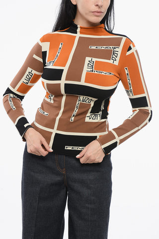 Stretch Fabric High-Neck Top with Monogram Pattern