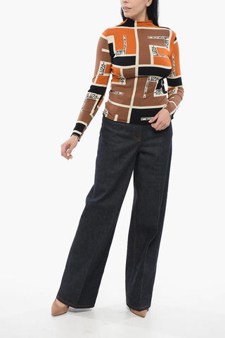 Stretch Fabric High-Neck Top with Monogram Pattern