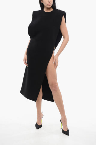 Sleeveless Slit Dress with Padded Shoulders